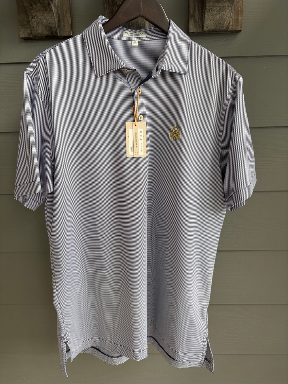 Peter Millar Men’s Navy White Stripe Polo Shirt Sage Valley Golf Club Medium NWT